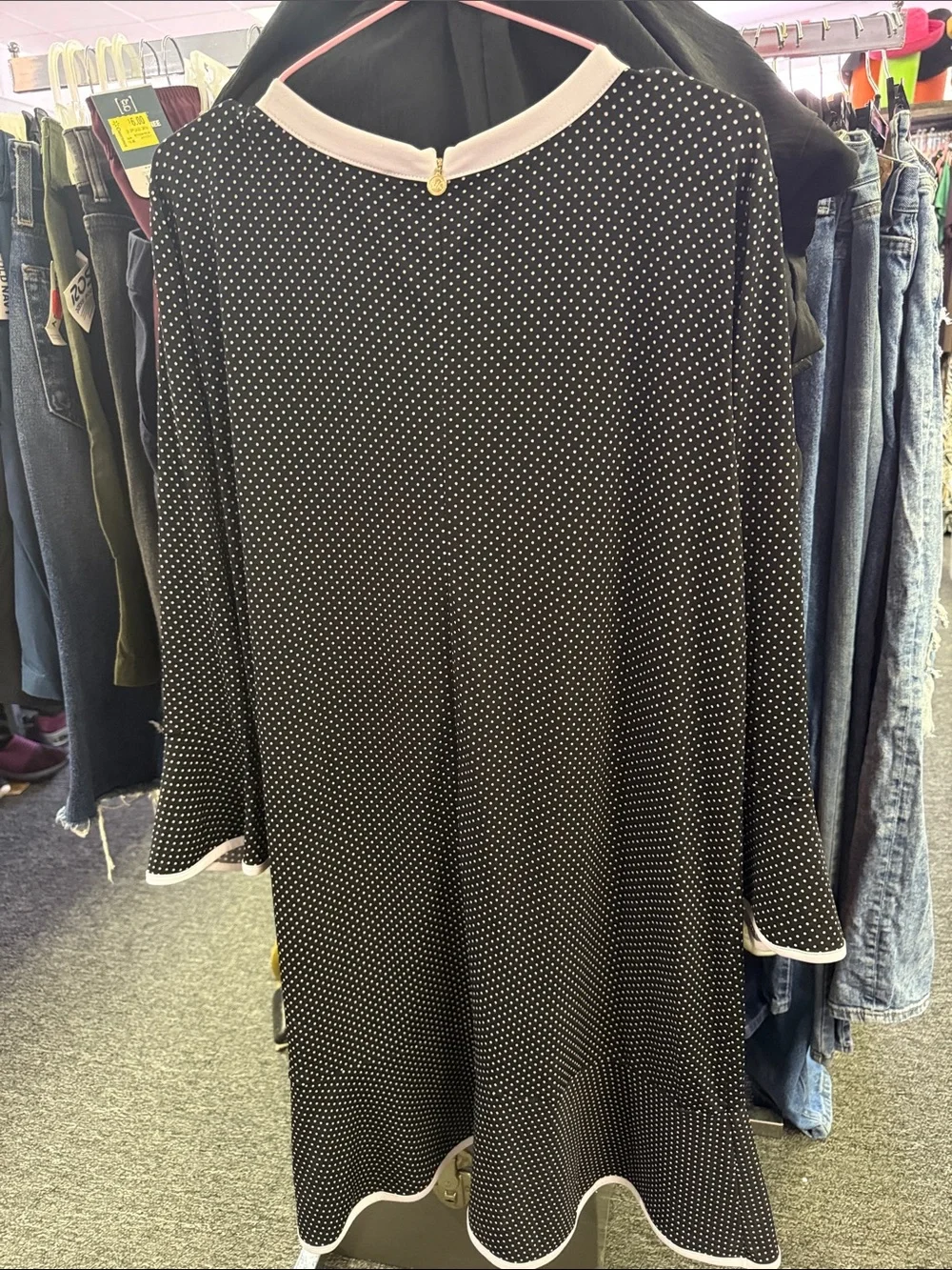 Black Polka Dot A-Line Dress with Pale White Trim